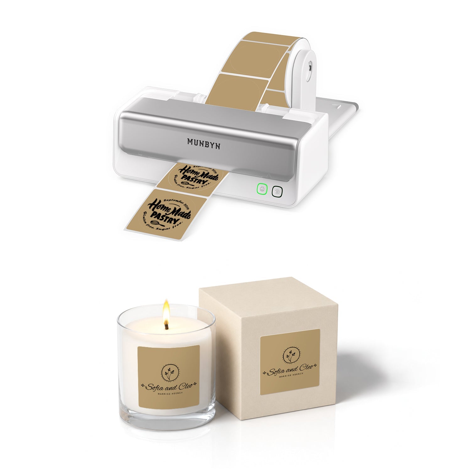 MUNBYN RealWriter 405B Bluetooth Printer & 2x2 Square Labels Candle Packaging Pro Set