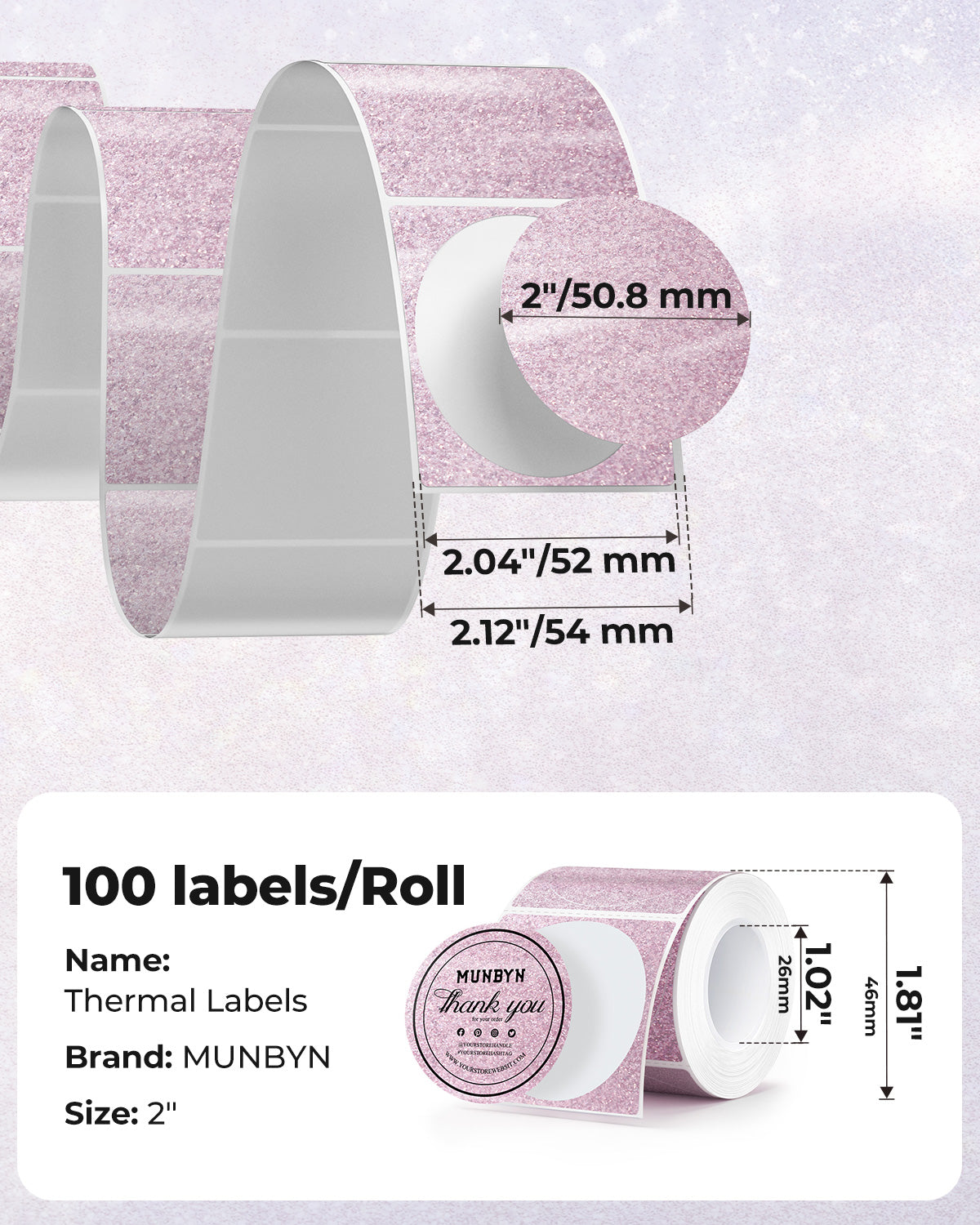MUNBYN Étiquettes thermiques scintillantes 2" pour autocollants de branding