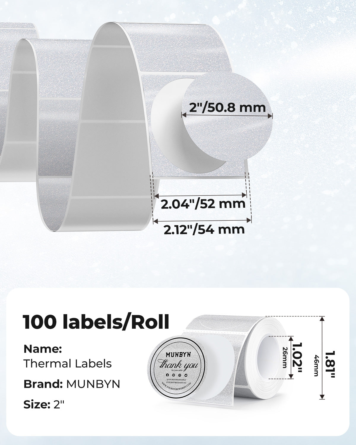 MUNBYN Étiquettes thermiques scintillantes 2" pour autocollants de branding