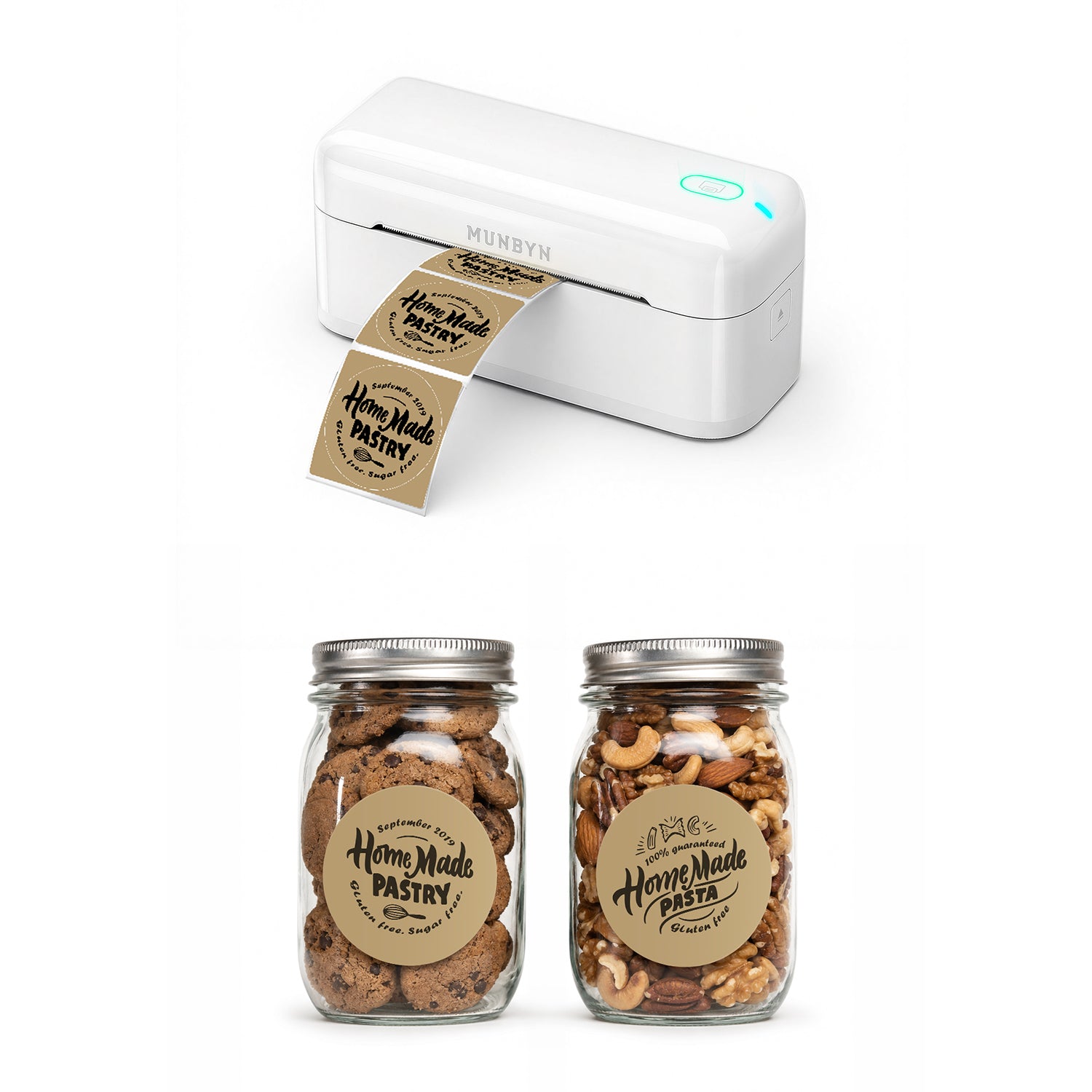 MUNBYN RealWriter 402B Bluetooth thermische labelprinter & ronde labels bakkerij product branding-set