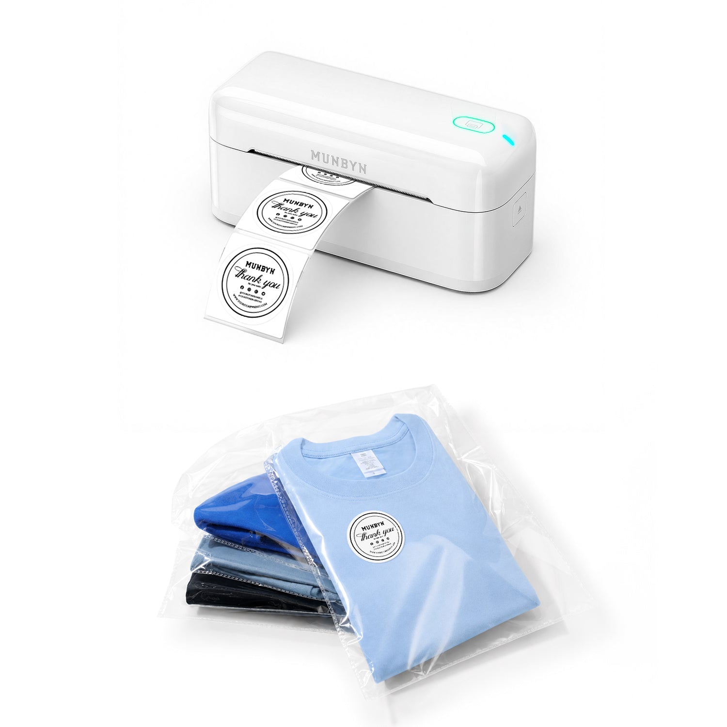 MUNBYN RealWriter 402B Bluetooth Printer & Round Labels Clothing Packaging Branding Set