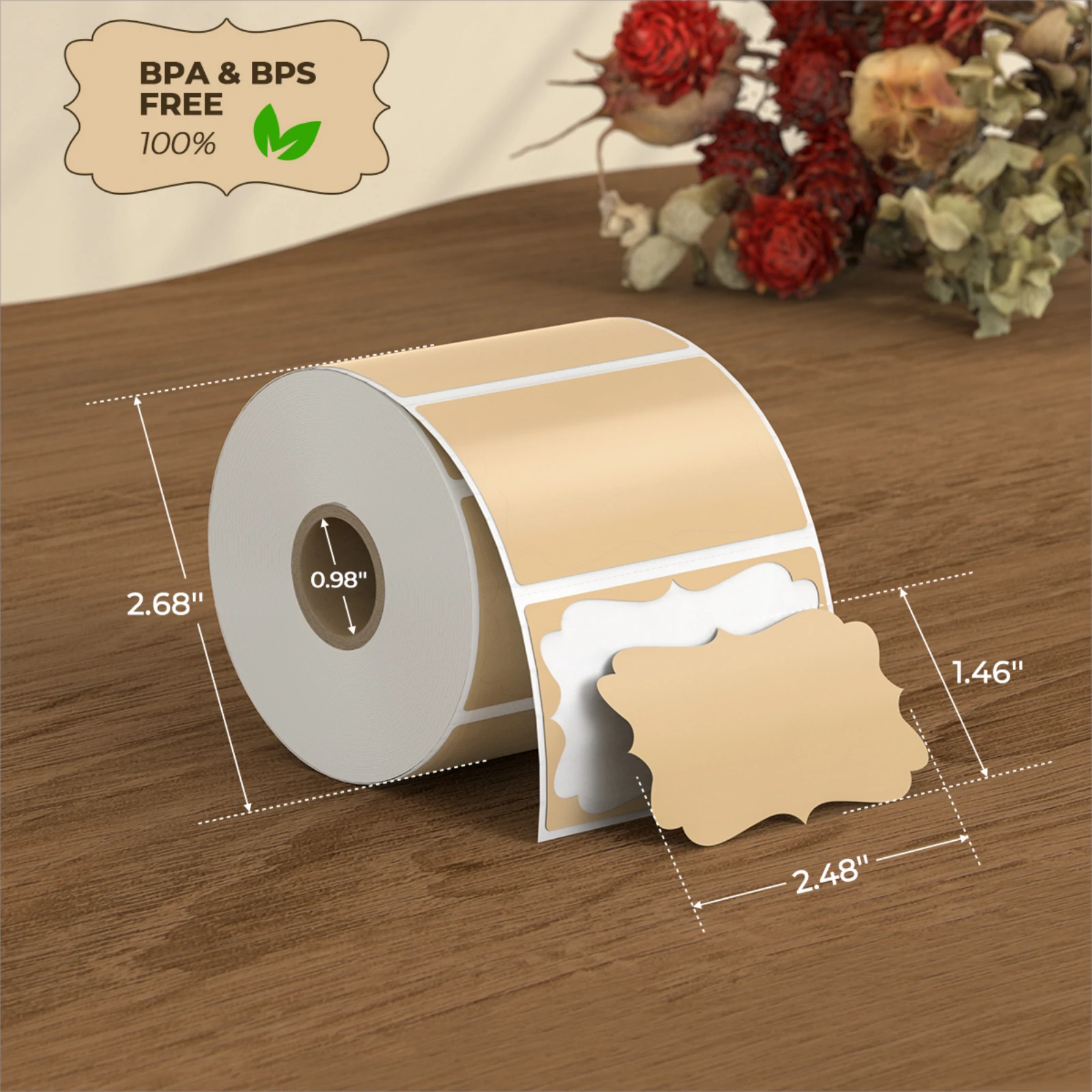 Die MUNBYN Kraft-Thermoetiketten mit ausgefallenem Rahmen sind auf Rollen zu je 500 Stück erhältlich und messen 38,1 mm x 63,5 mm.