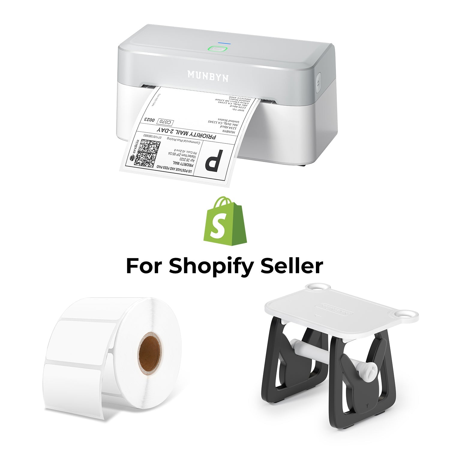 MUNBYN RealWriter 403B Bluetooth thermische labelprinter & rechthoekige labels Shopify productlabeling moderne set