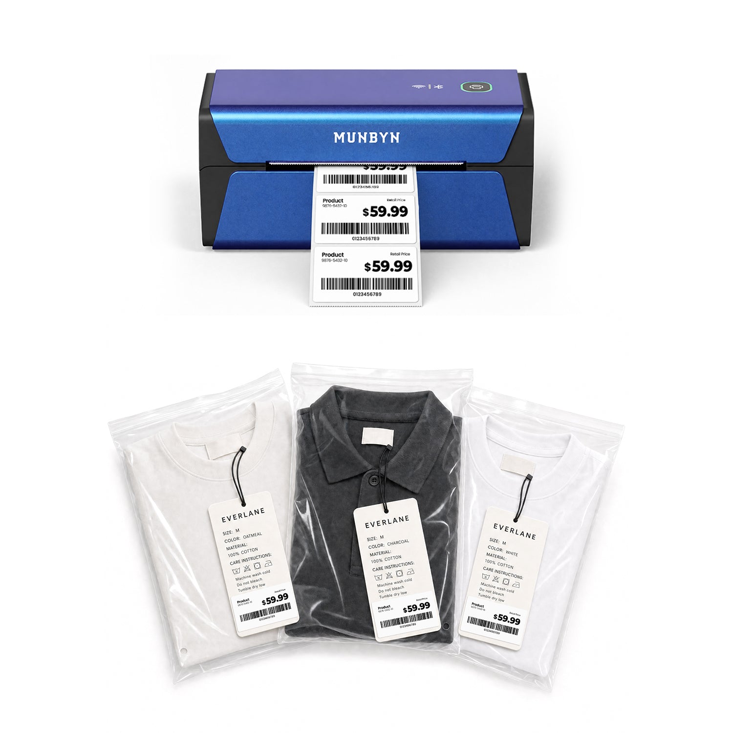 MUNBYN RealWriter 401AP 300DPI AirPrint Kabellos Drucker & Rechteck Etiketten Kleidung Produkt Einzelhandel Set
