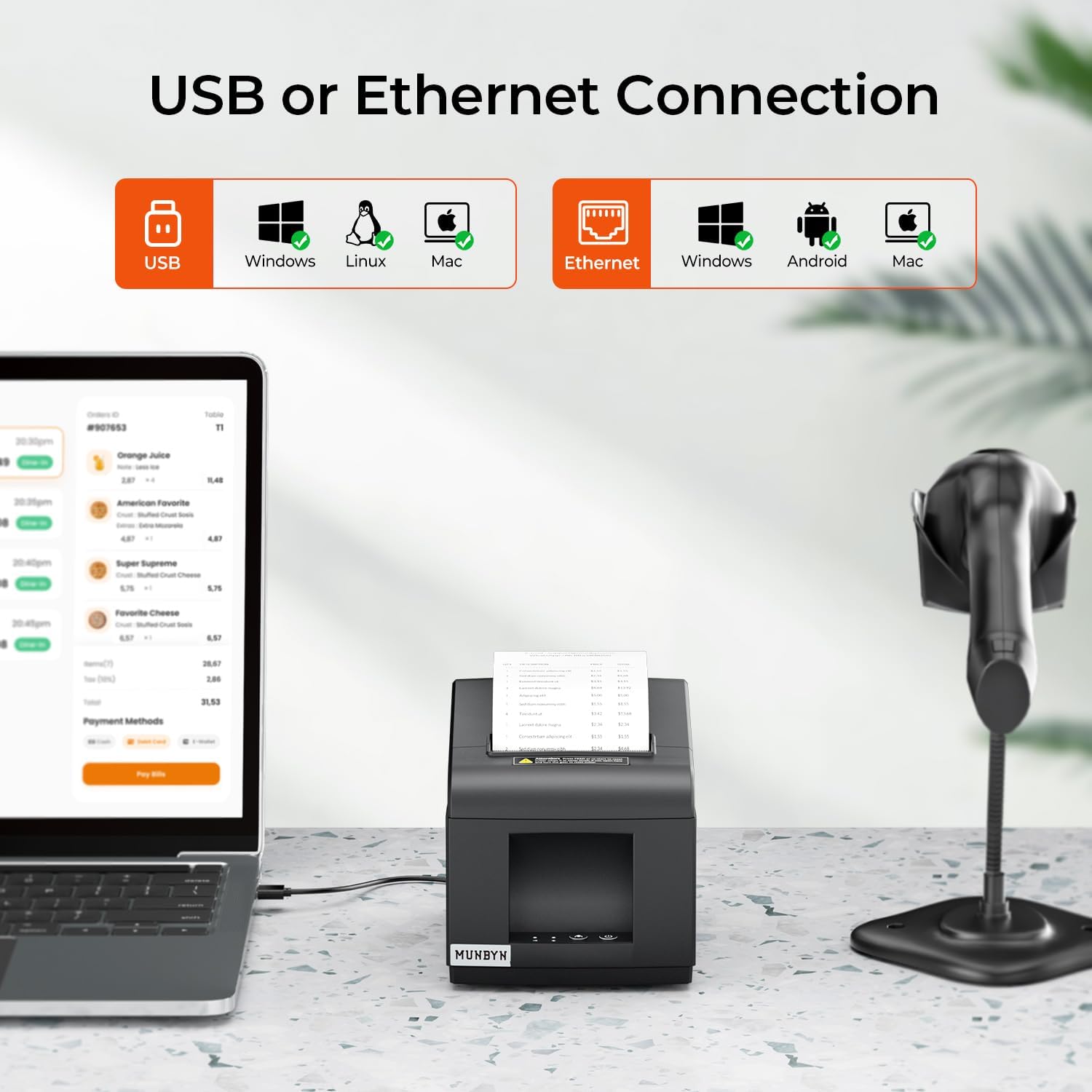 MUNBYN 80mm Ethernet(LAN)+USB thermal Bondrucker POS-Drucker P072