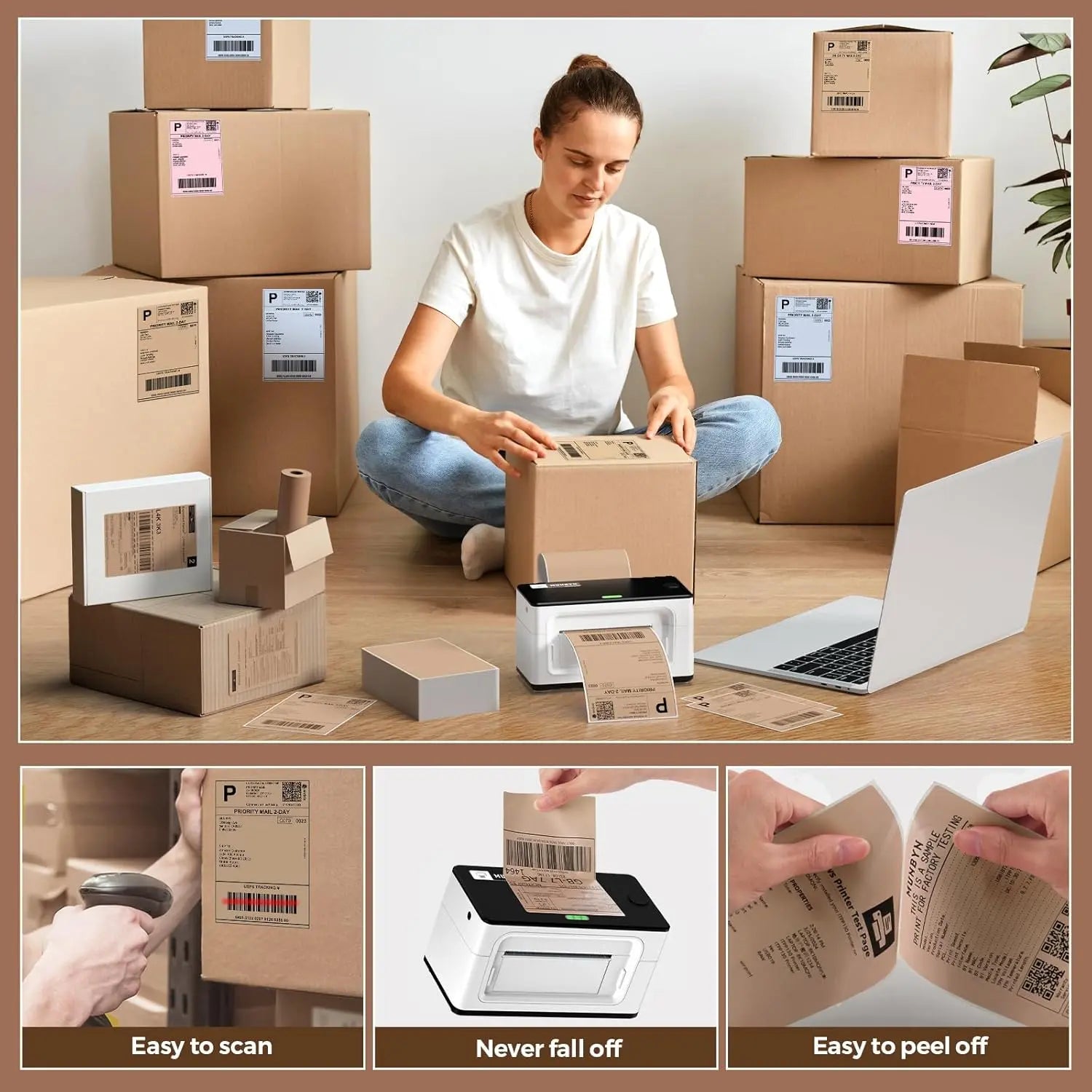 MUNBYN Thermoetiketten 4x6 Faltpapier für Etikettendrucker, Packung mit 220, Braun