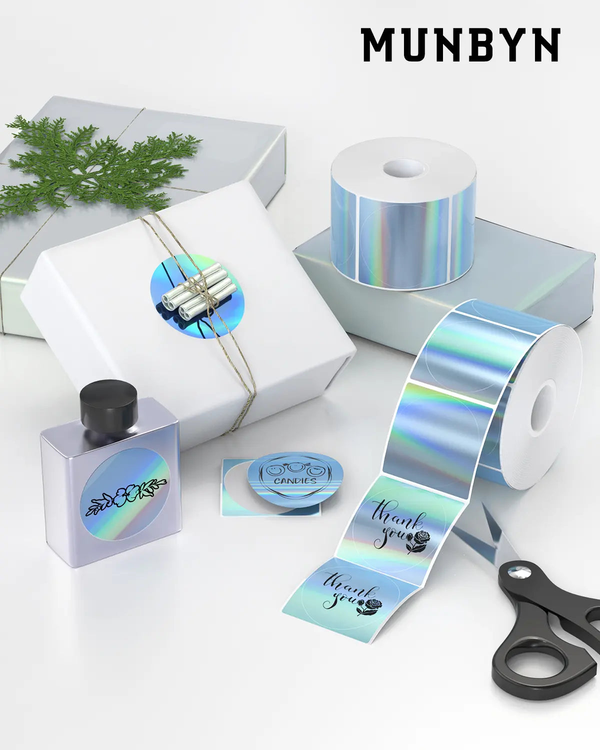 MUNBYN 2" Holografische Laser Thermoaufkleber-Etiketten 400 Etiketten/ Rolle