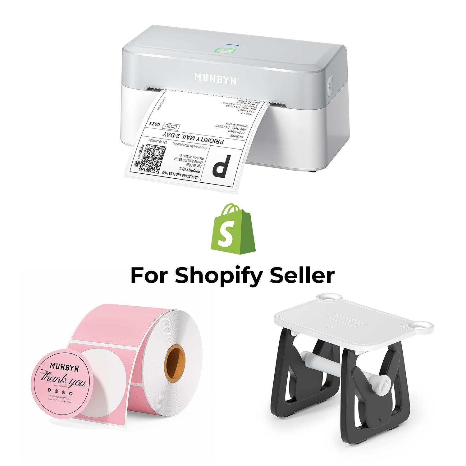 MUNBYN RealWriter 403B Bluetooth thermische labelprinter & ronde labels Shopify verpakking & branding moderne set