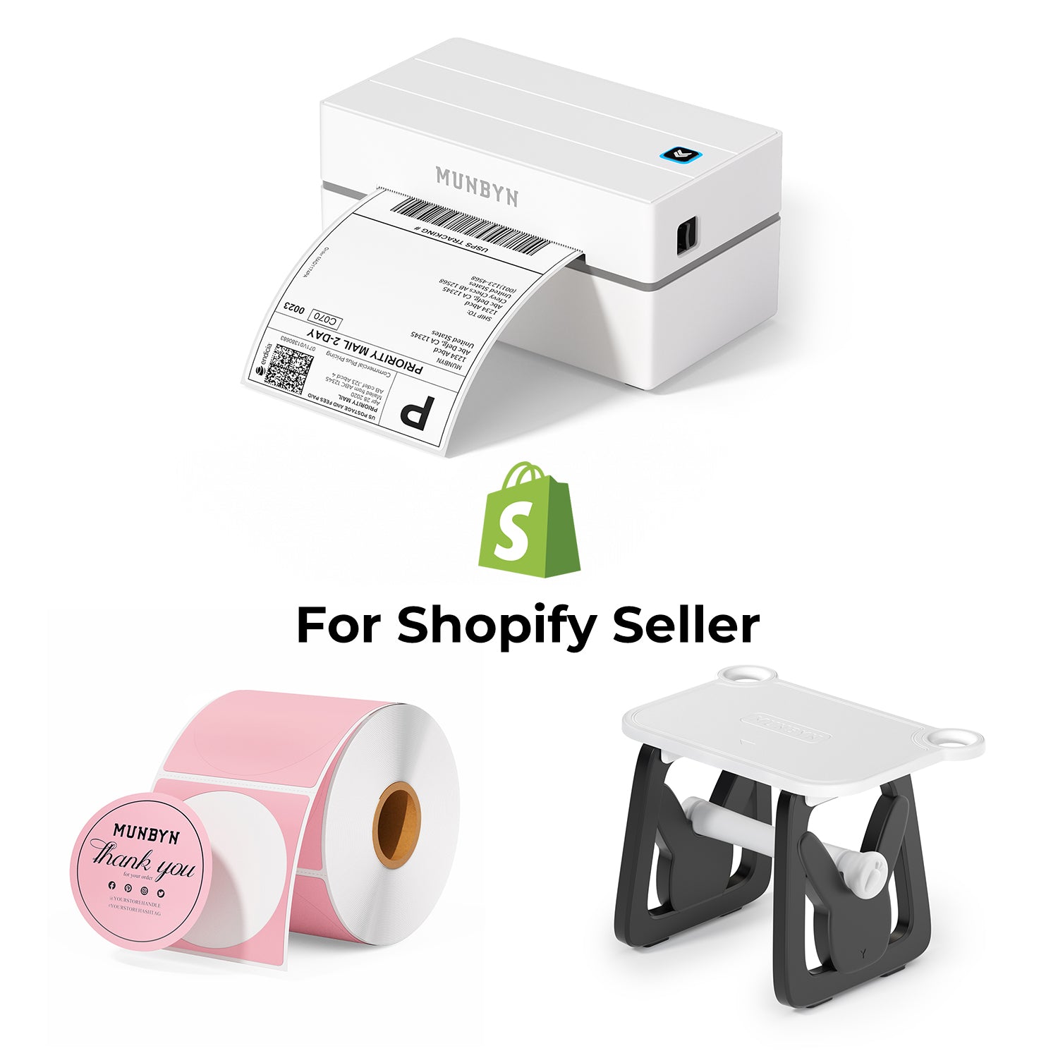 MUNBYN 130B Bluetooth thermische labelprinter & ronde labels Shopify verpakking & branding klassieke set