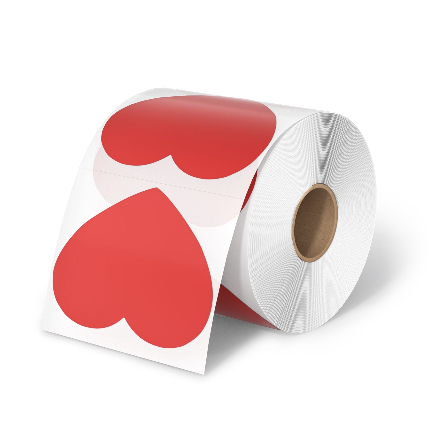 Die roten herzförmigen Thermoetiketten von MUNBYN werden in Rollen zu je 400 Stück geliefert und messen jeweils 76,2 mm x 76,2 mm.