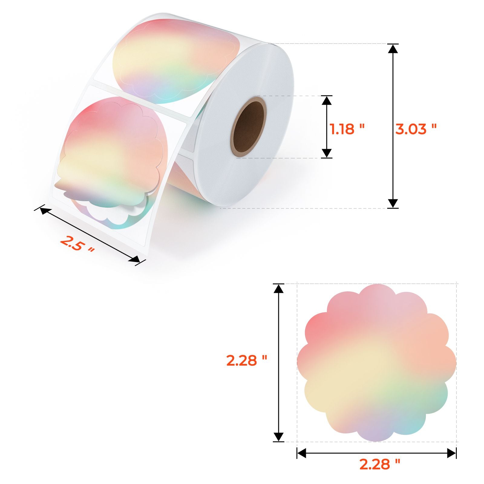 Die regenbogenfarbenen Thermoetiketten von MUNBYN werden in einer Rolle mit 500 Etiketten geliefert und messen 58 mm x 58 mm.