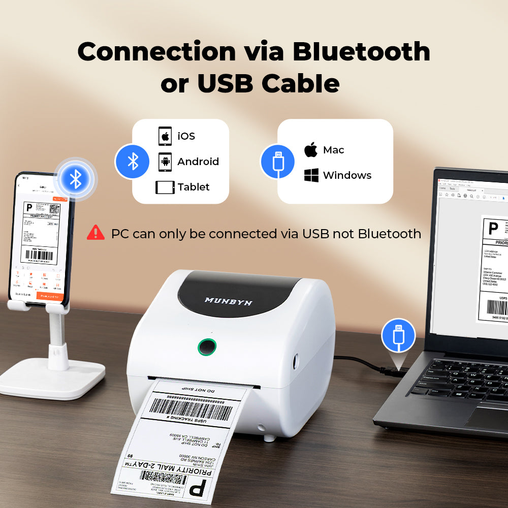 Der MUNBYN 411B Bluetooth-Etikettendrucker kann über Bluetooth mit mobilen Geräten und über USB mit Computern verbunden werden.