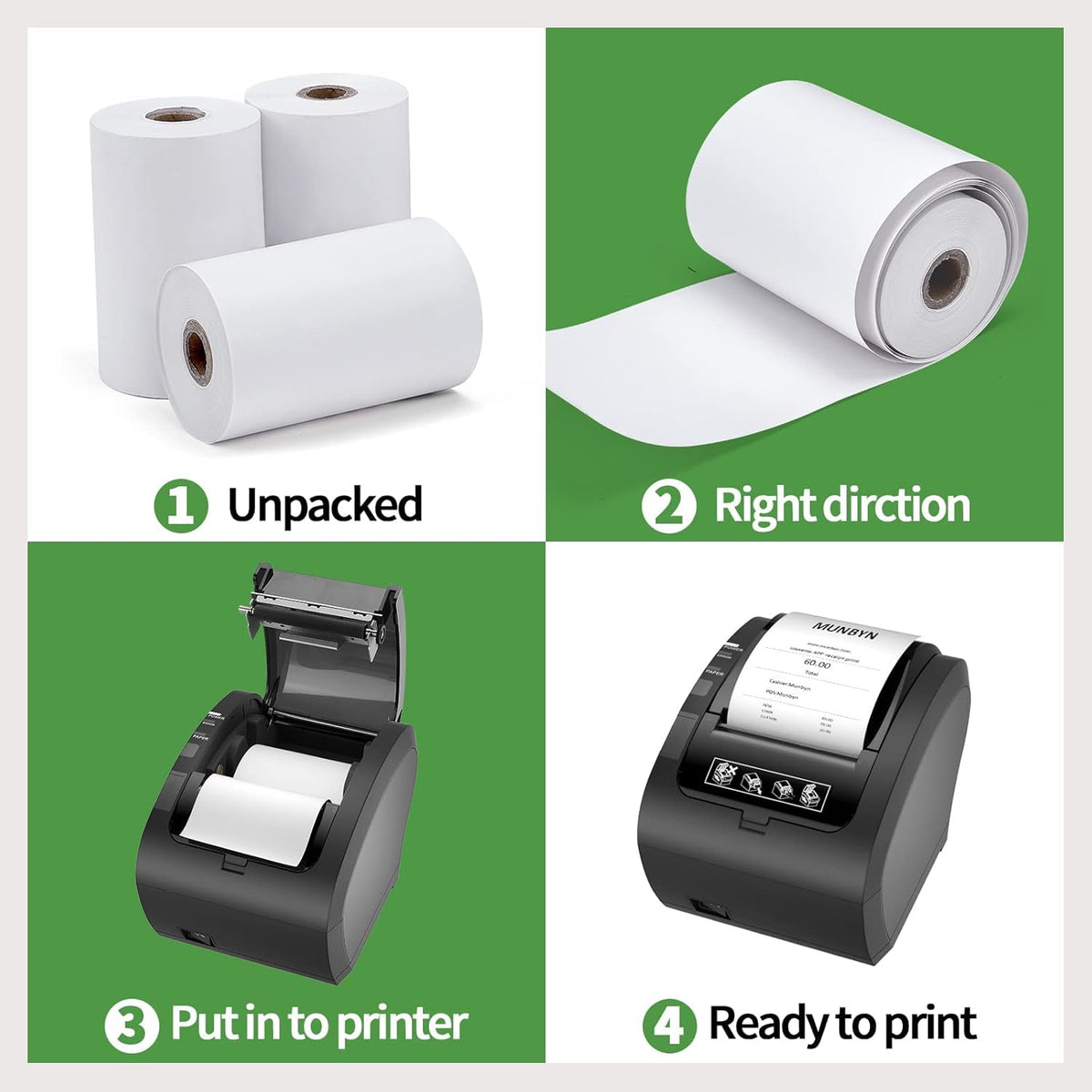 MUNBYN 80 × 50 mm Thermopapier für alle 80-mm-Thermodrucker (10 Stück)