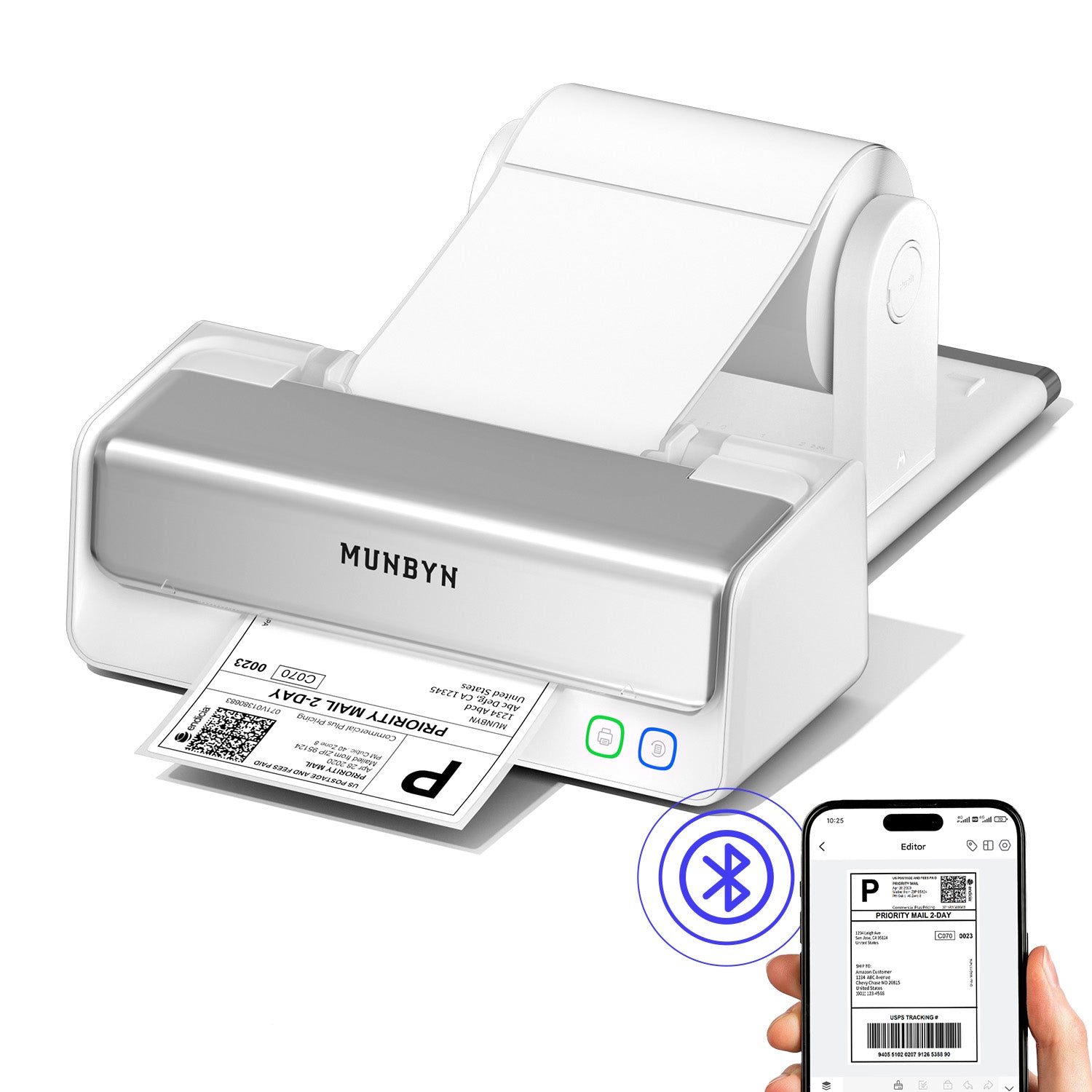 MUNBYN RealWriter 405B Bluetooth-Thermodrucker mit austauschbarem Druckkopf und Etikettenhalter
