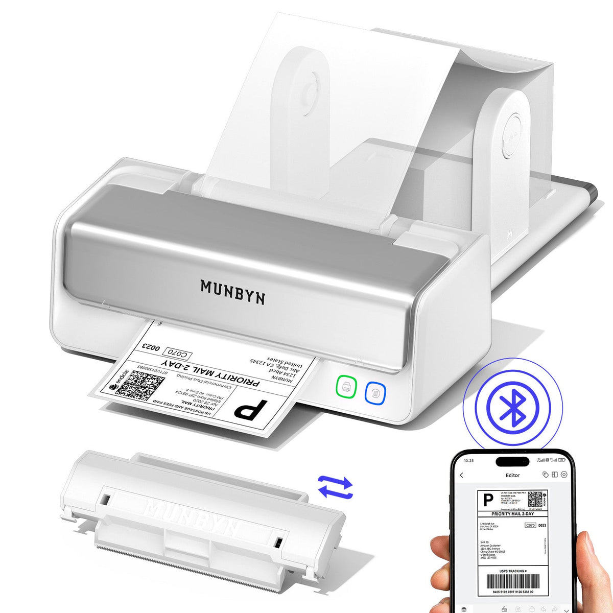 MUNBYN RealWriter 405B Bluetooth-Thermodrucker mit austauschbarem Druckkopf und Etikettenhalter