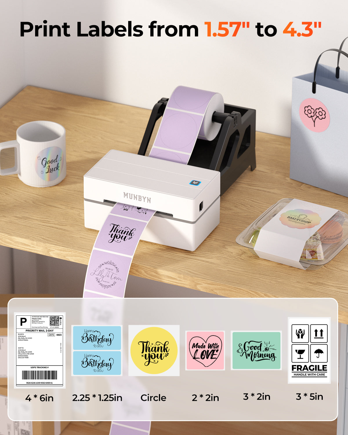 MUNBYN RealWriter 130B Bluetooth Drucker & Rechteck Rosa Etiketten Beauty Verpackung Basis Set