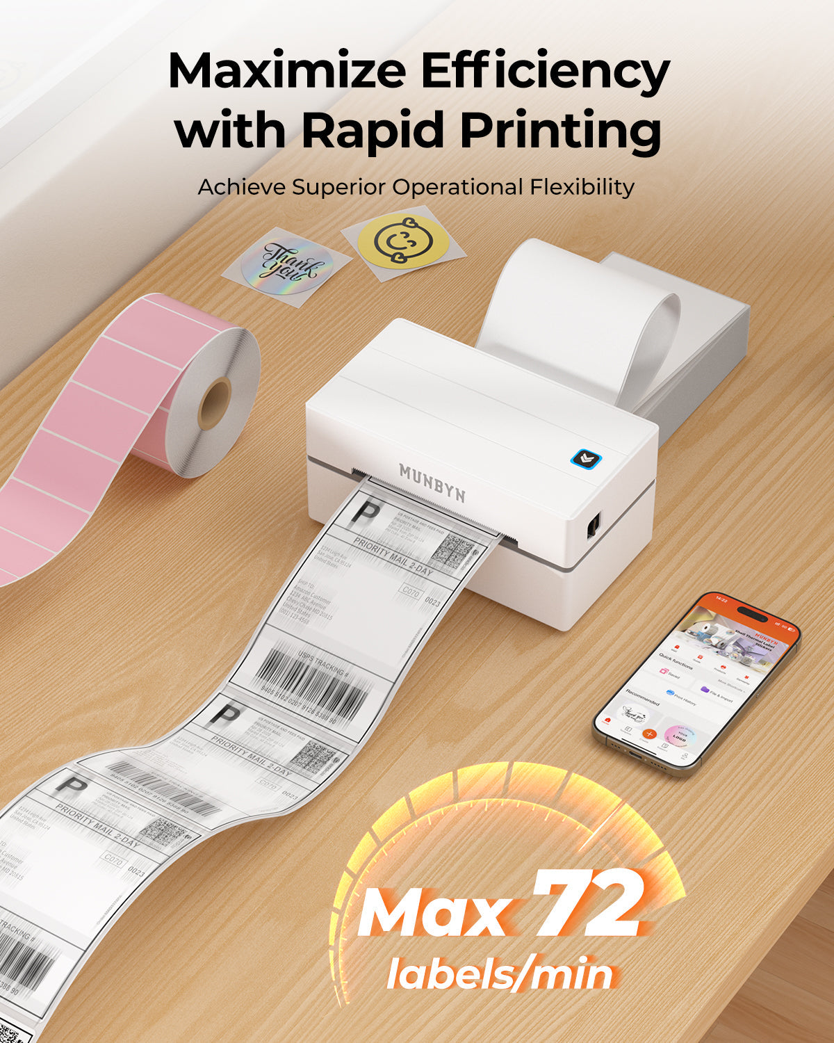 MUNBYN 130B Bluetooth thermische labelprinter & ronde labels Shopify verpakking & branding klassieke set