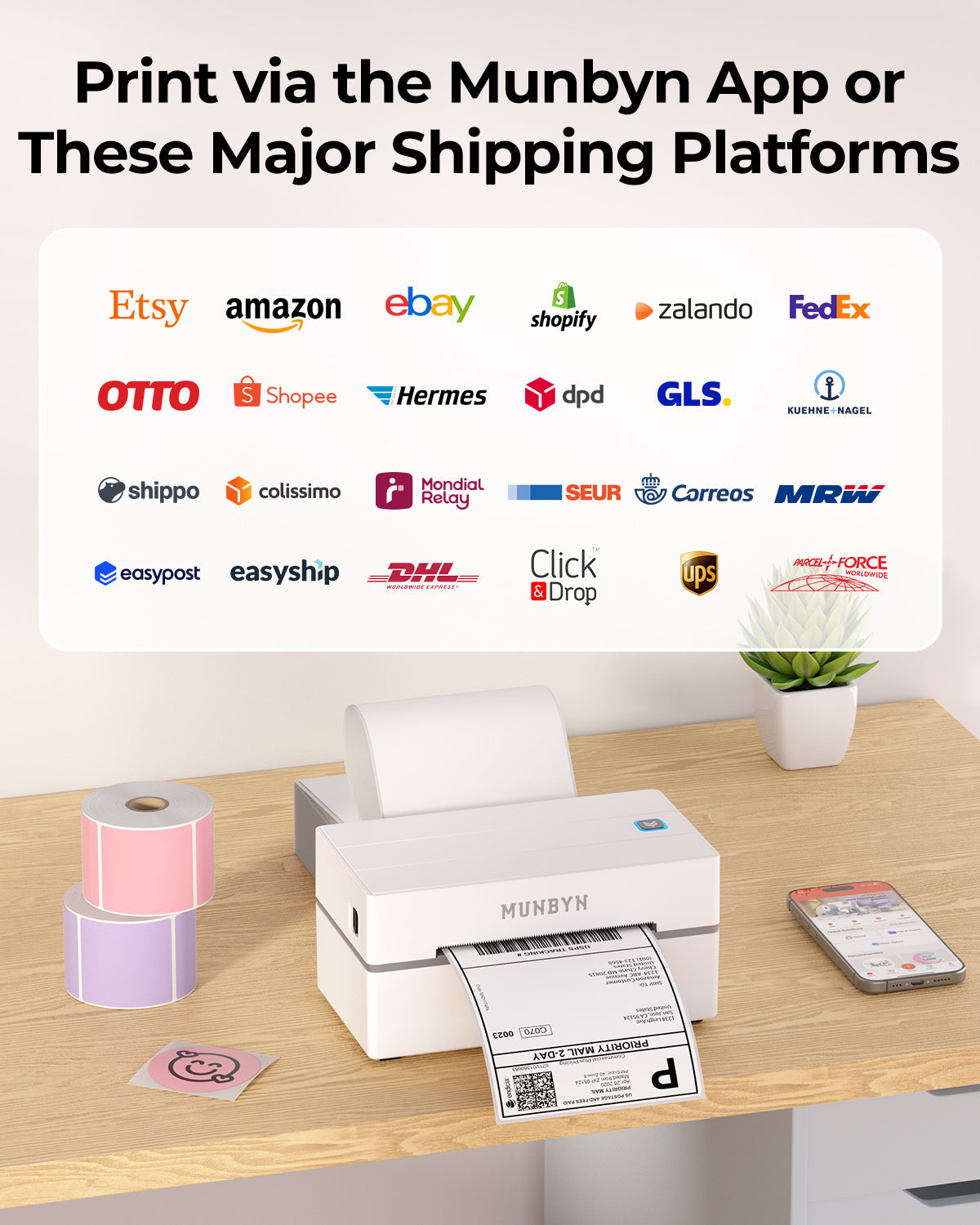 MUNBYN 130B Bluetooth thermische labelprinter & ronde labels Shopify verpakking & branding klassieke set