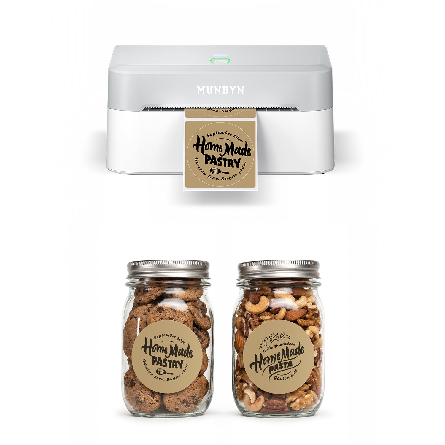 MUNBYN 403B Bluetooth Kabellos Drucker & Kreis Aufkleber Etiketten Bäckerei Produkt Starter Set