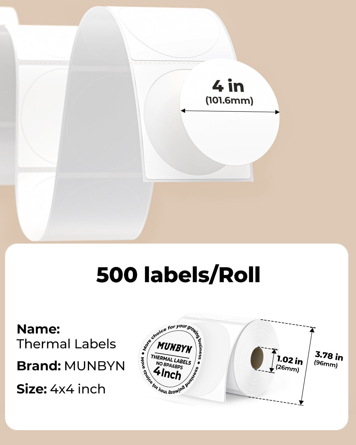 MUNBYN 4" x 4" Universal Thermal Labels for Small Businesses and Bakeries