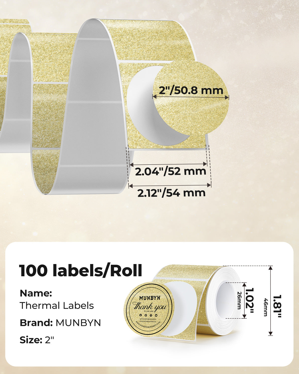 MUNBYN Étiquettes thermiques scintillantes 2" pour autocollants de branding