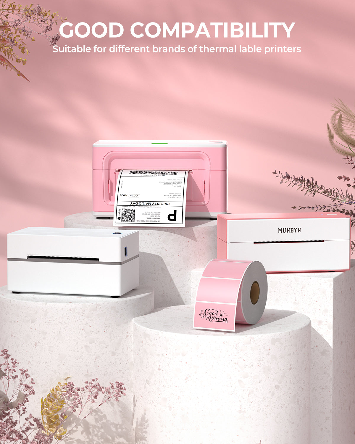 MUNBYN RealWriter 130B Bluetooth Drucker & Rechteck Rosa Etiketten Beauty Verpackung Basis Set