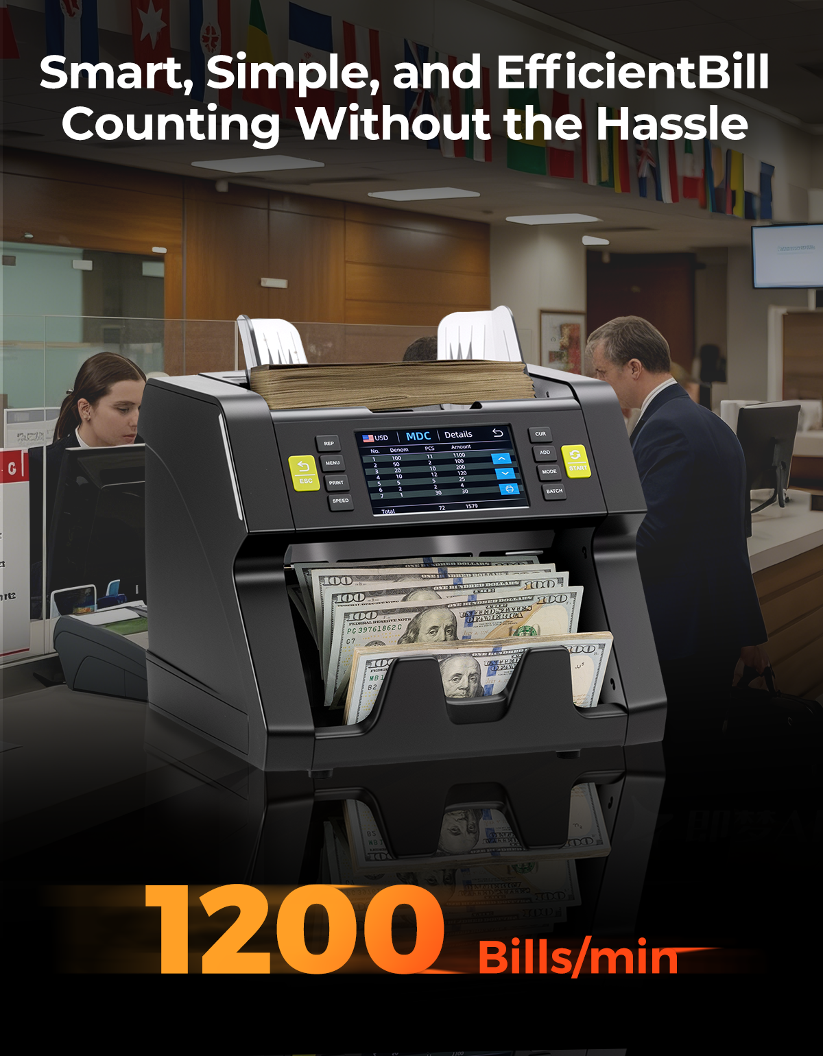 High-speed money counter machine counting banknotes at 1200 bills per minute in a bank office