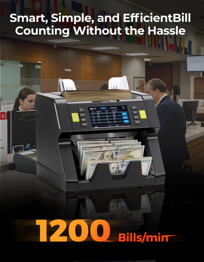 High-speed money counter machine counting banknotes at 1200 bills per minute in a bank office