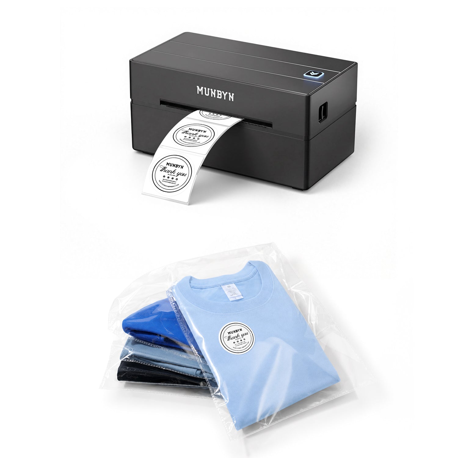 MUNBYN 130B Bluetooth Drucker & Kreis Etiketten Kleidung Verpackung Basis Set