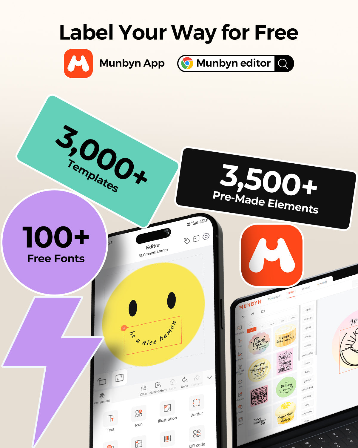MUNBYN RealWriter 402B Bluetooth Thermal Label Printer & Morandi Labels TikTok Packaging & Branding Elegant Set