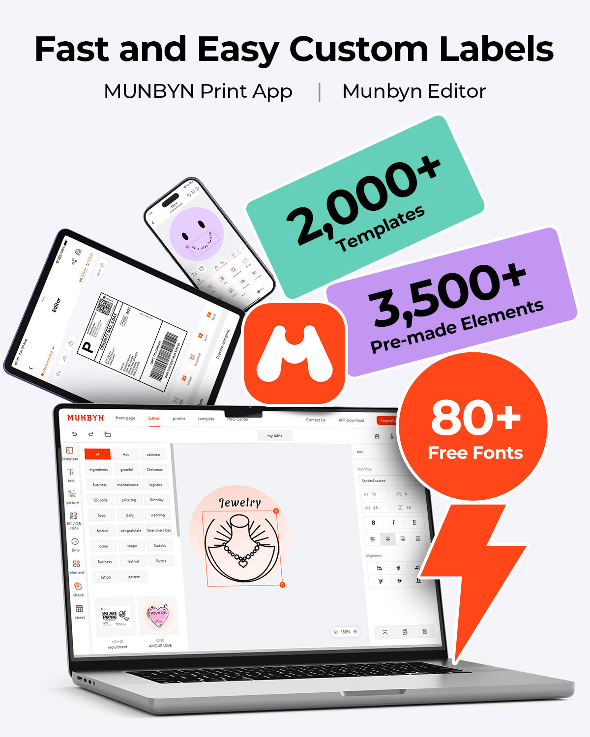 MUNBYN RealWriter 403B Bluetooth Printer & Round Labels Clothing Packaging Starter Set