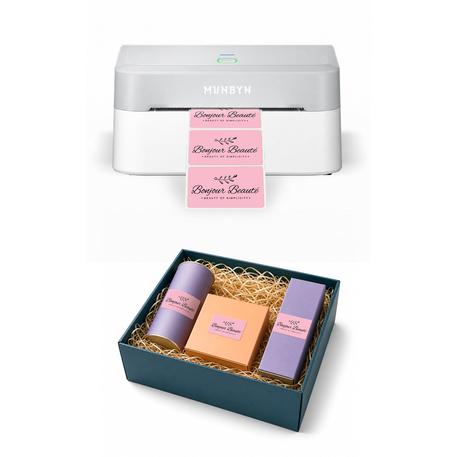 MUNBYN RealWriter 403B Bluetooth thermische labelprinter & rechthoekige labels beautyverpakking starterset