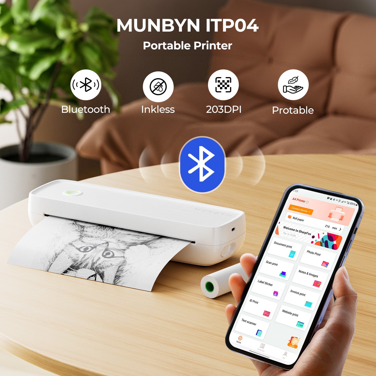 MUNBYN ITP04 Tragbarer Bluetooth A4 Thermodrucker