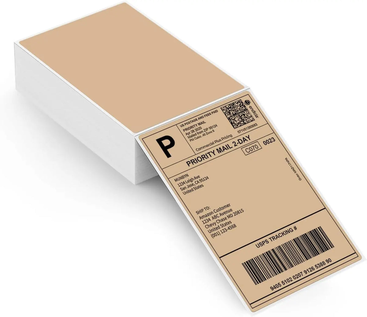 MUNBYN Thermoetiketten 4x6 Faltpapier für Etikettendrucker, Packung mit 220, Braun