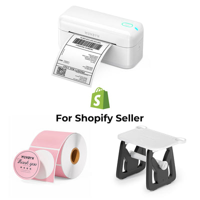 MUNBYN RealWriter 402B Bluetooth thermische labelprinter & ronde labels Shopify verpakking & branding elegante set