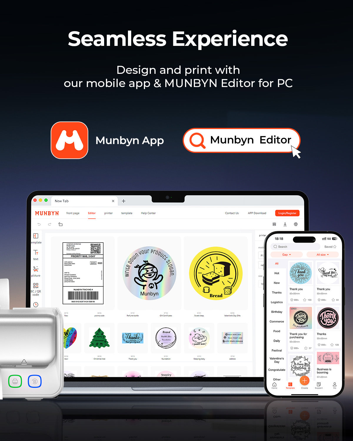 MUNBYN RealWriter 405B Bluetooth-Thermodrucker mit austauschbarem Druckkopf und Etikettenhalter