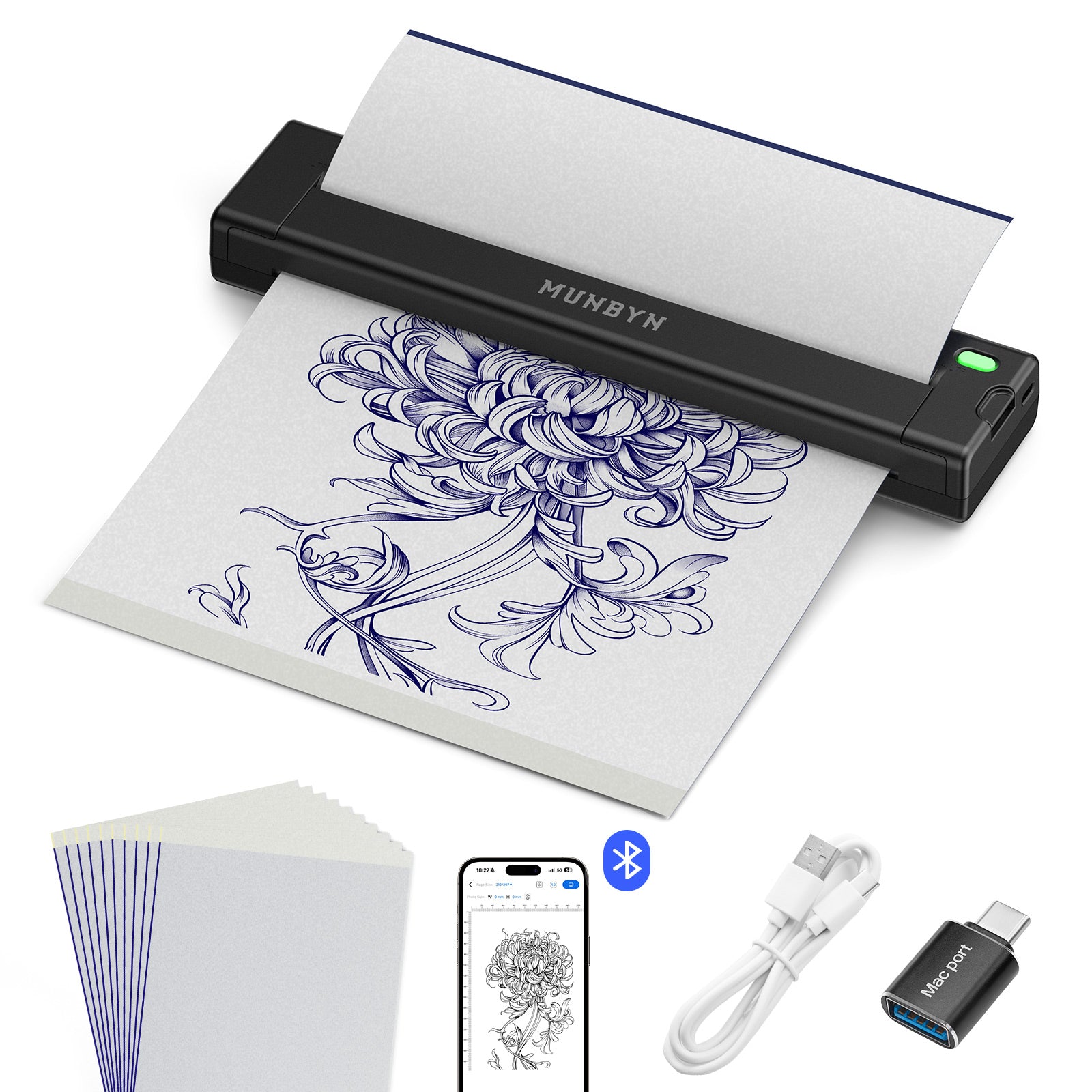 MUNBYN ITP05S Tattoo-Schablonen Drucker mit 20 Blatt Transferpapier
