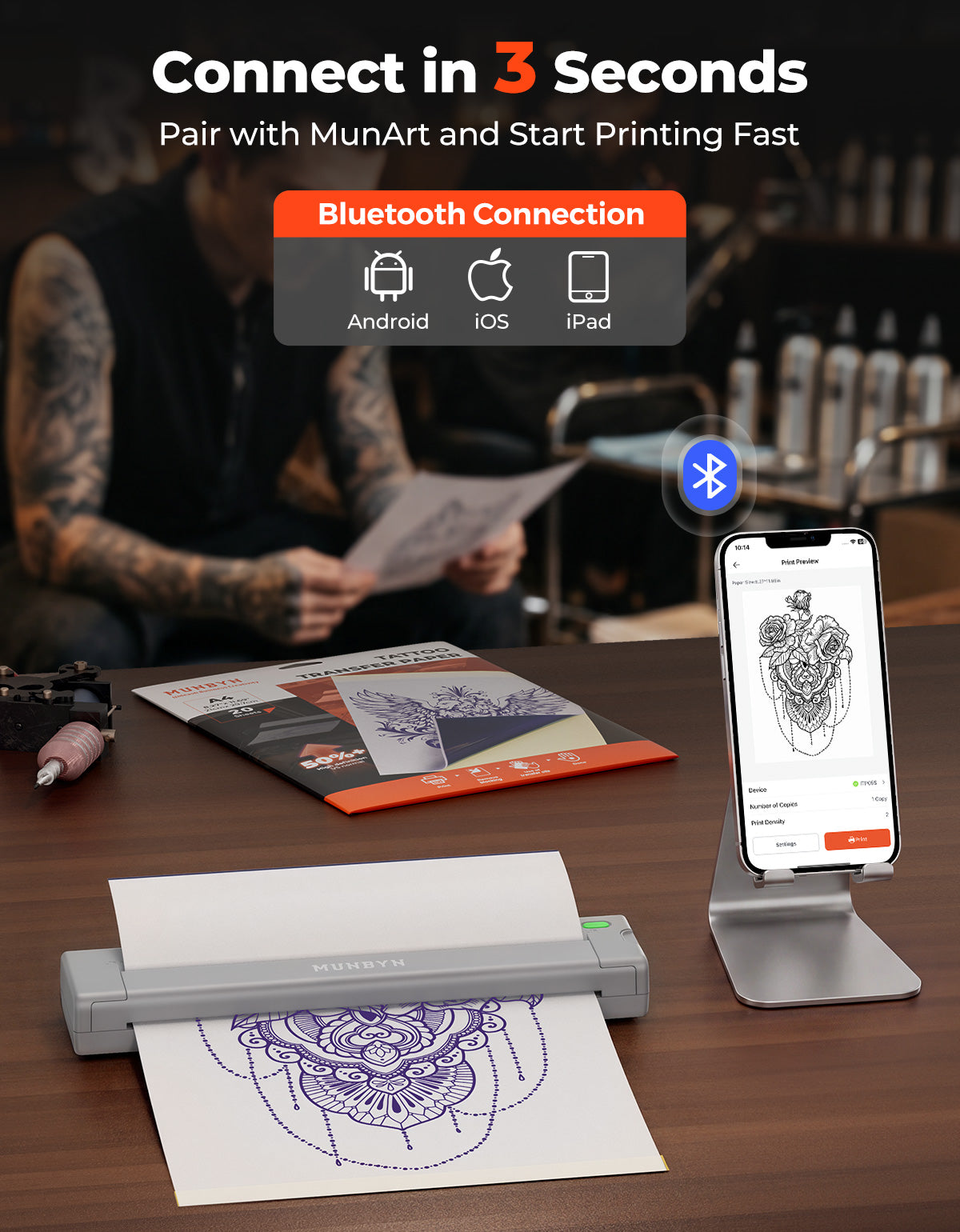 MUNBYN ITP05S Tattoo-Schablonen Drucker mit 20 Blatt Transferpapier