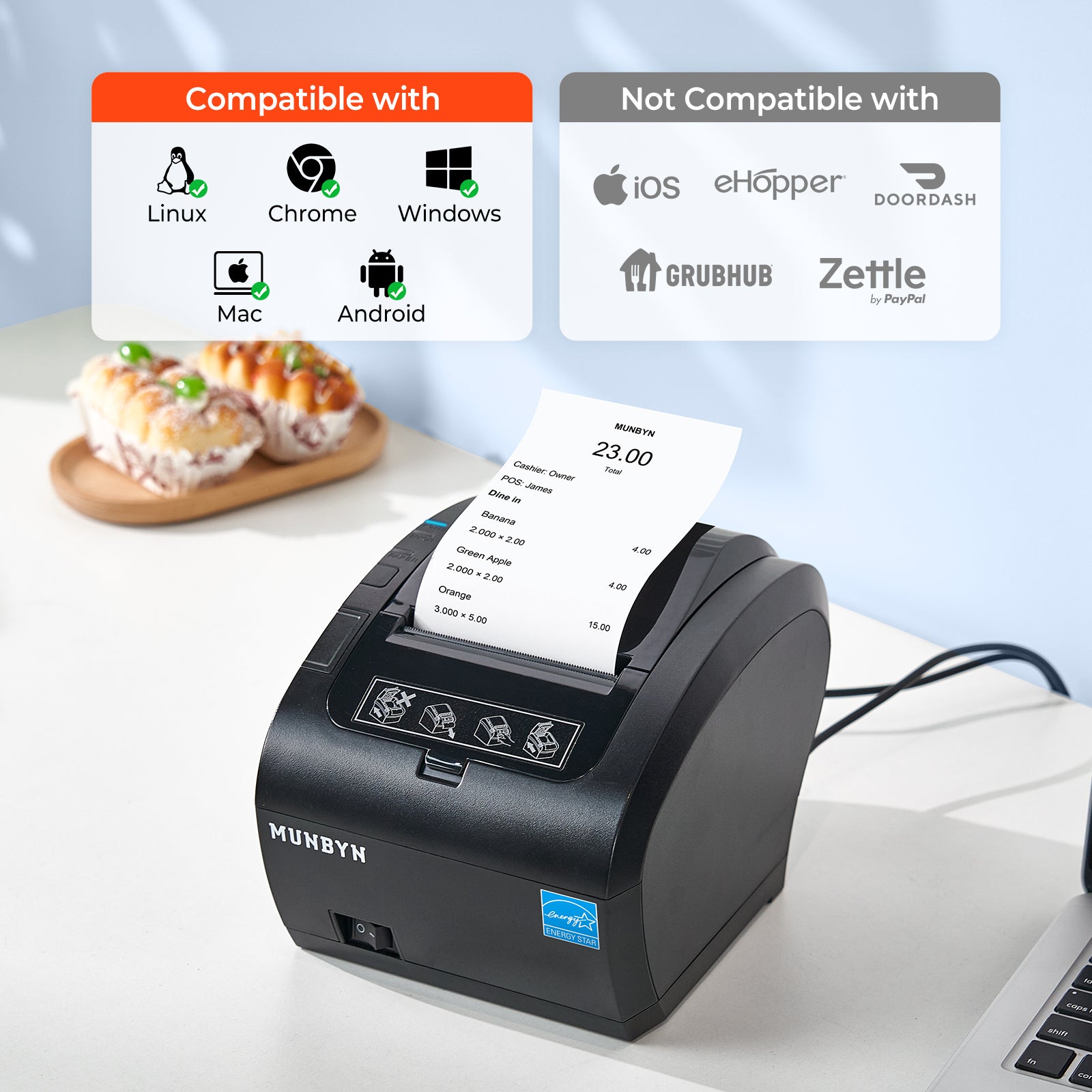 MUNBYN 047P-USEB Bluetooth Receipt Printer with MFi Certification