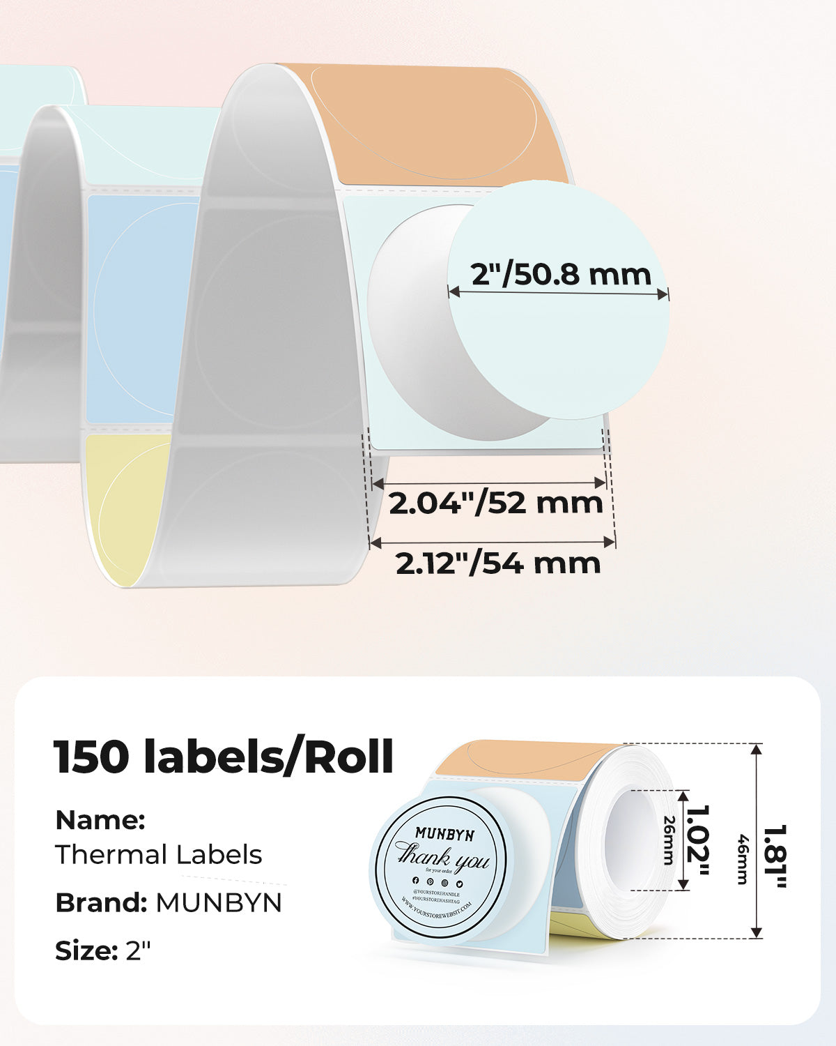 MUNBYN 2" Macaron Runde Thermoetiketten für Produkt- und Verpackungsaufkleber