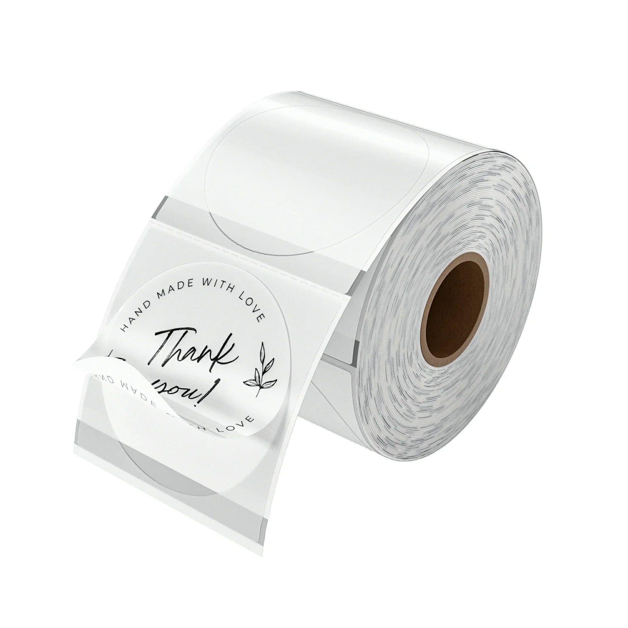 Die runden, transparenten Thermoetiketten von MUNBYN sind in Rollen zu je 500 Stück erhältlich und messen jeweils 50,8 mm x 50,8 mm.