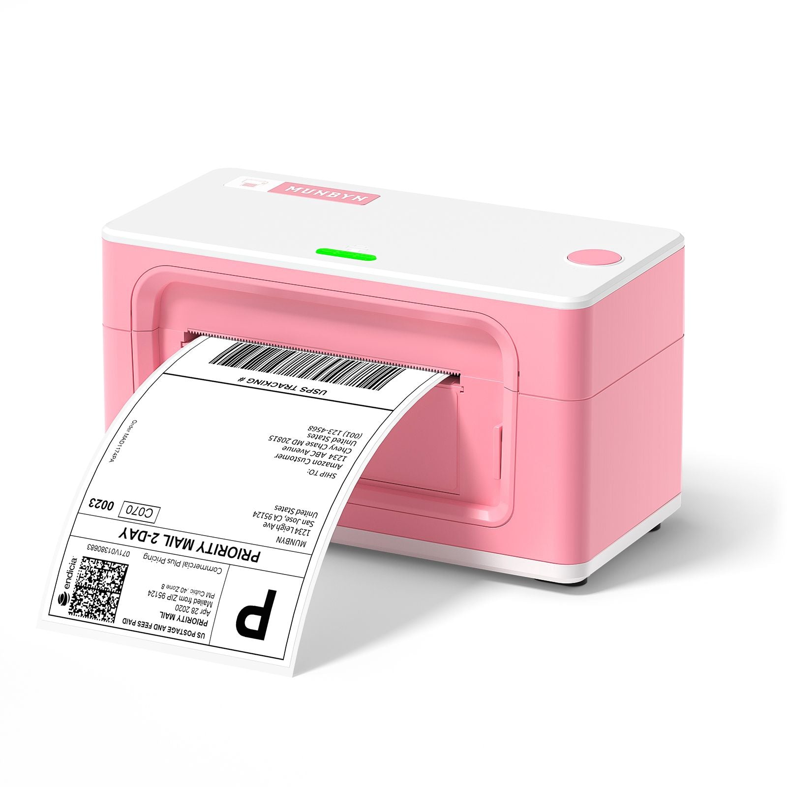 Die MUNBYN-Thermoetikettendrucker sind in vier Farben verfügbar: Rosa, Grau, Weiß und Grün.