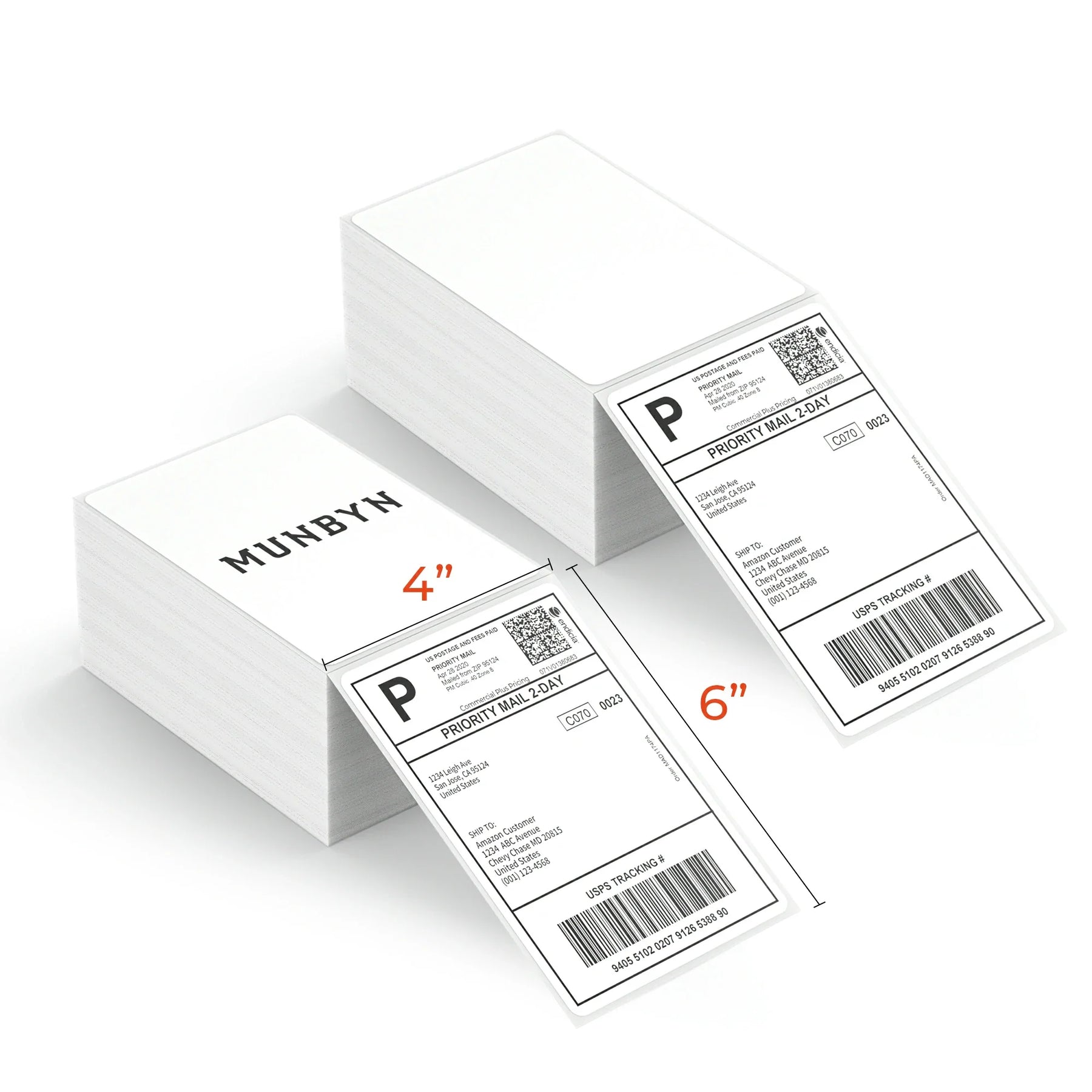 MUNBYN 热敏运输标签以每卷 500 个标签的形式提供，尺寸为 100 毫米 x 150 毫米。