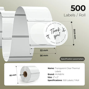 Die runden, transparenten Thermoetiketten von MUNBYN sind in Rollen zu je 500 Stück erhältlich und messen jeweils 50,8 mm x 50,8 mm. 