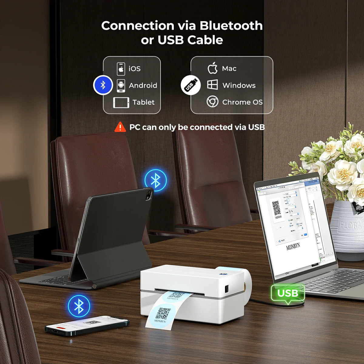 Dieser Thermoetikettendrucker bietet zwei Anschlussmöglichkeiten für Geräte: USB und Bluetooth.