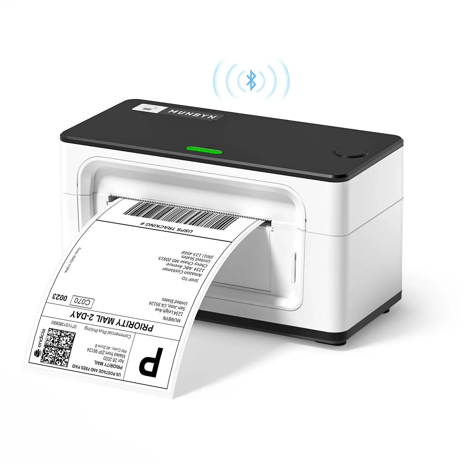 Der MUNBYN Bluetooth-Etikettendrucker P941B ist ein weißer Thermodrucker. 