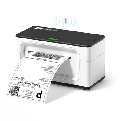 Der MUNBYN Bluetooth-Etikettendrucker P941B ist ein weißer Thermodrucker. 