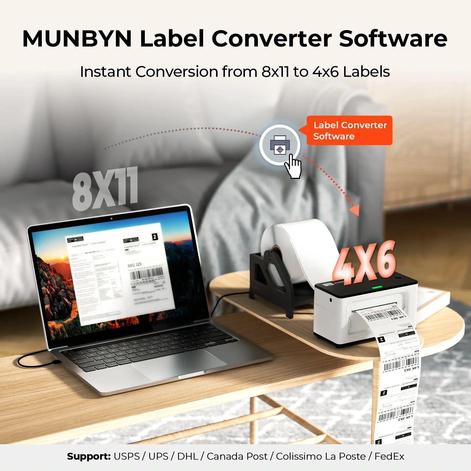 Die MUNBYN Etikettenkonvertierungssoftware konvertiert Etiketten von 216 mm x 279 mm in das Format 100 x 150 mm.